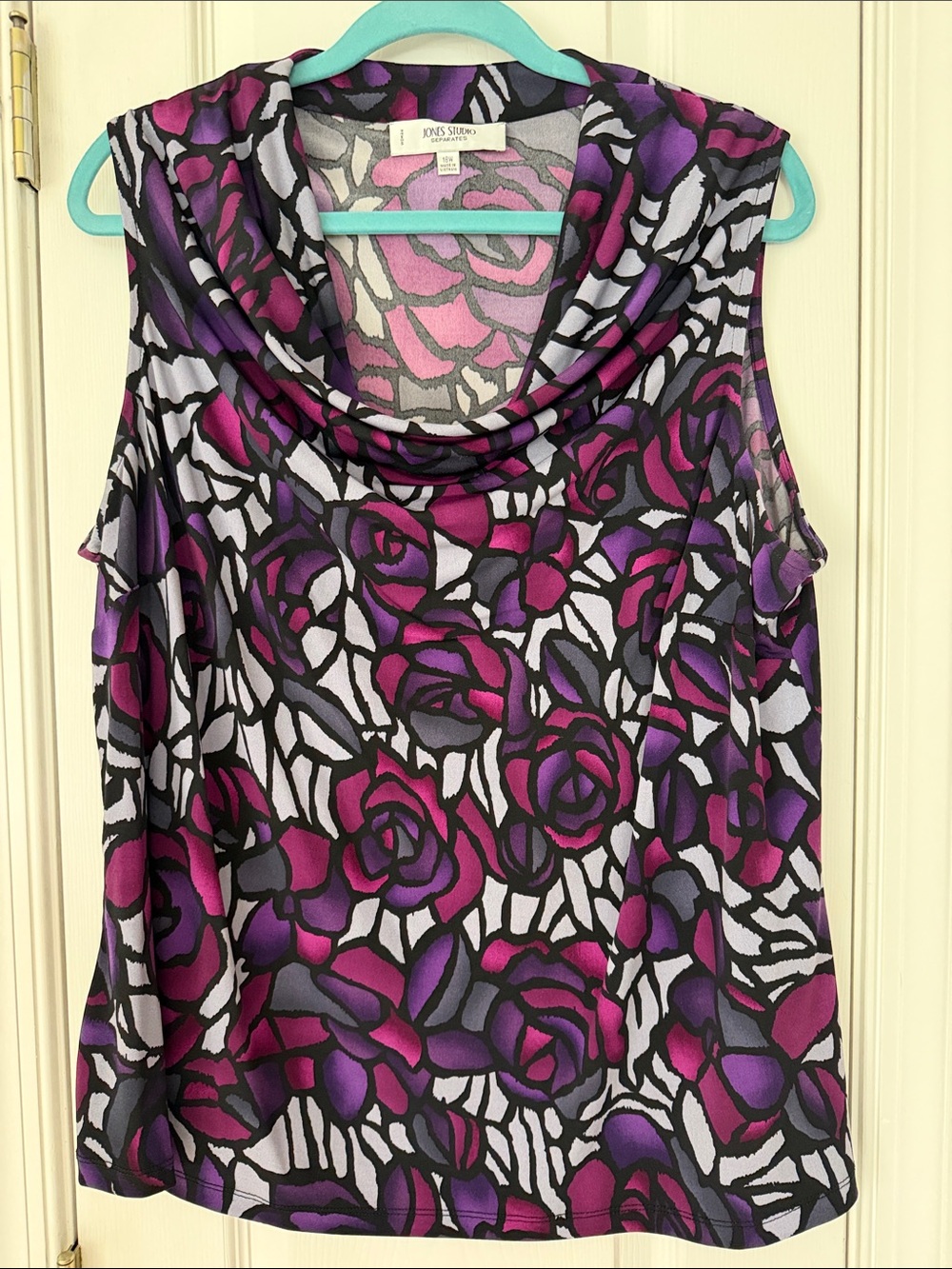 Jones Studio Black, Purple & Pink Floral Cowl Neck Sleeveless Top, 18W